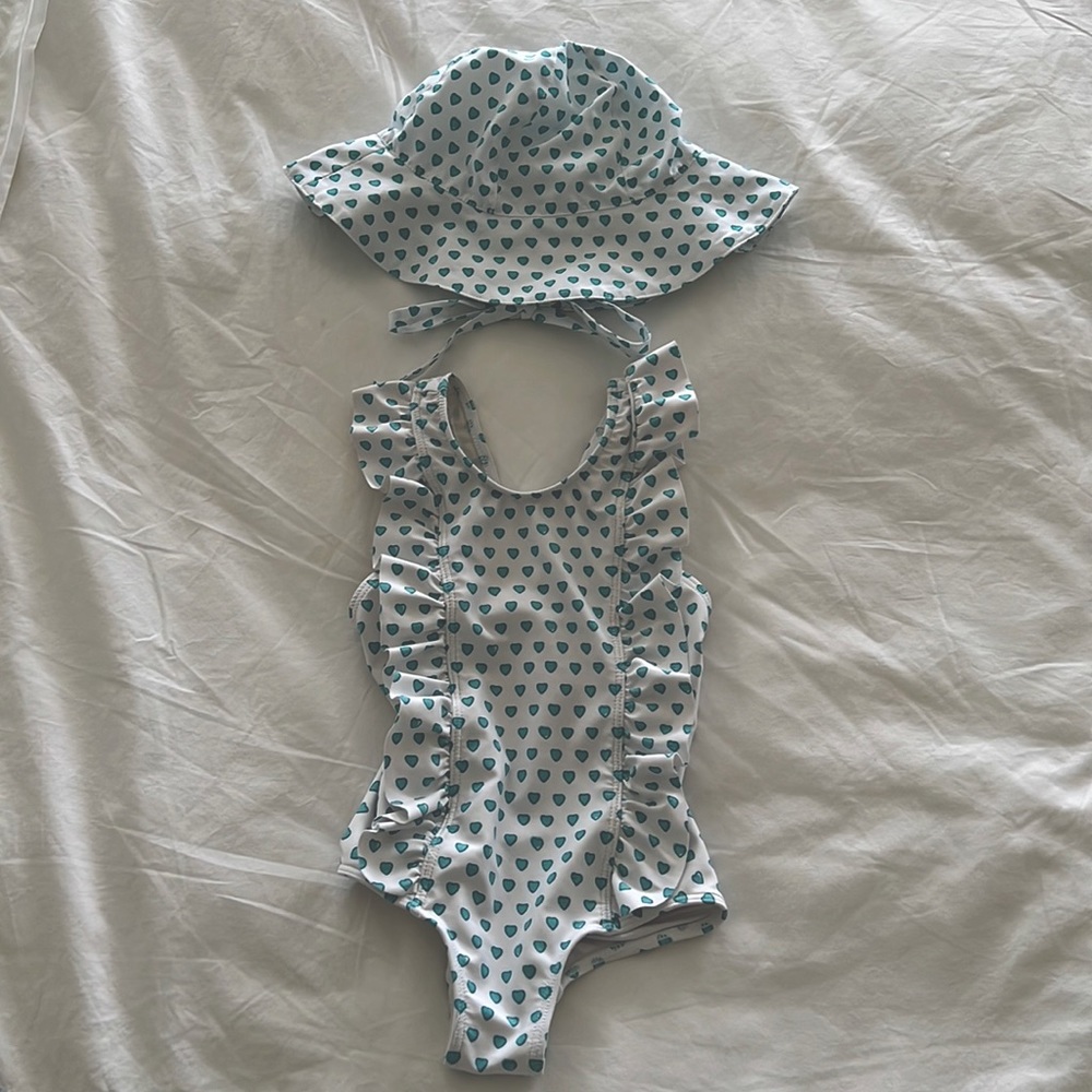 Minnow Swim Roller Rabbit One Piece Girls Swimsuit 2T + matching Sunhat 18-24mo